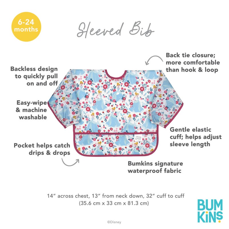 Bumkins Disney Bibs, Baby and Toddler Girls and Boys 6-24 Months, Long Sleeve, Essential Must Have for Eating, Feeding, Mess Saving Lightweight Waterproof Fabric Sleeved Smock, Cinderella - Image 5
